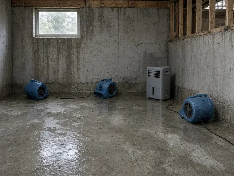 Air movers drying a Delta basement after pump-out