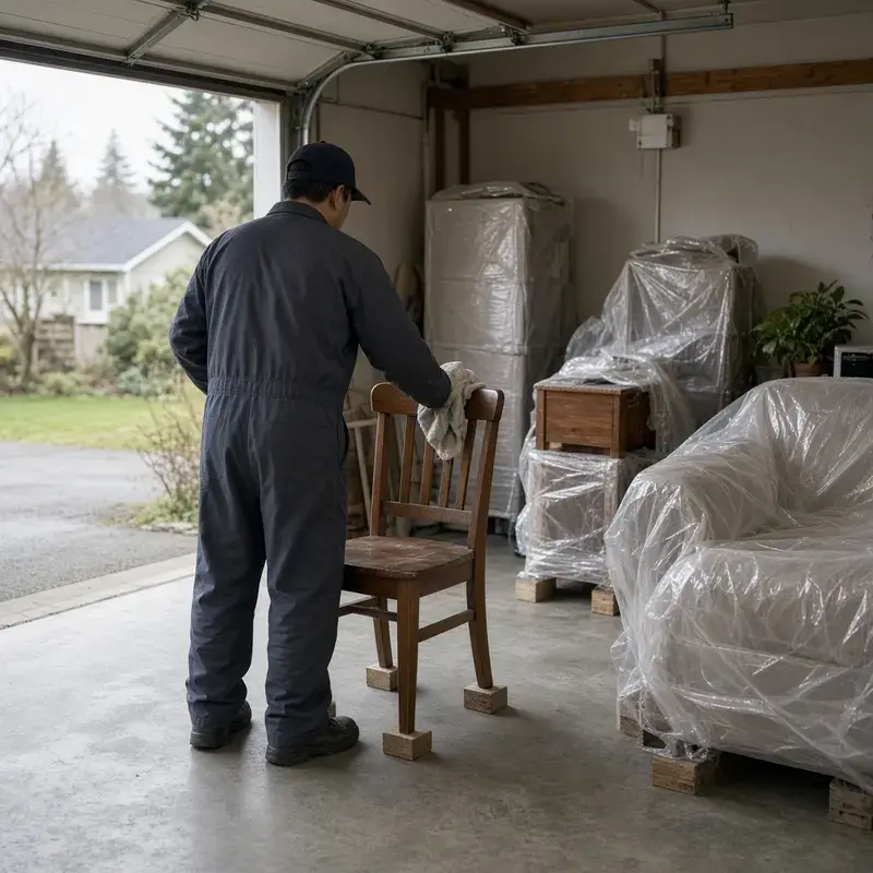 Contents staged in a Delta garage while a chair is wiped