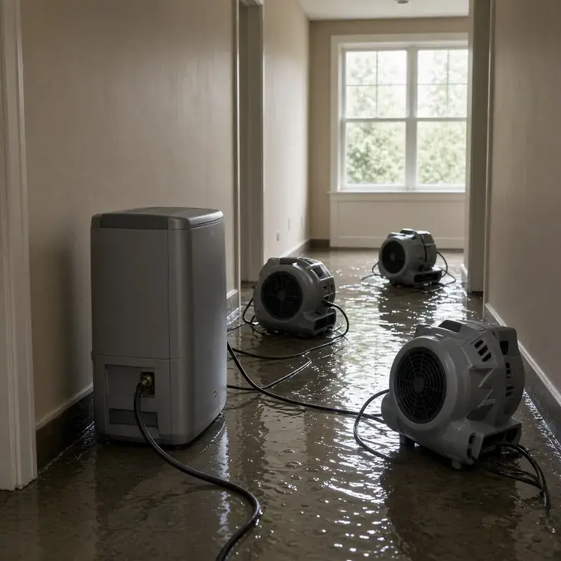 LGR dehumidifier and air movers in a wet Delta hallway