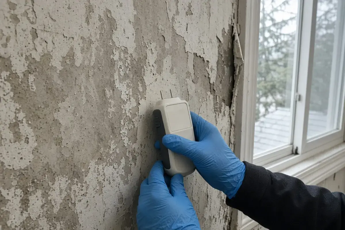 Gloved hands pressing a pin moisture meter into wet drywall in Delta
