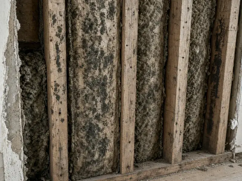 Drywall removed to show mold on studs in Delta
