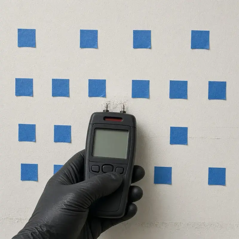 Pin meter and blank tape marks mapping moisture on a Delta wall