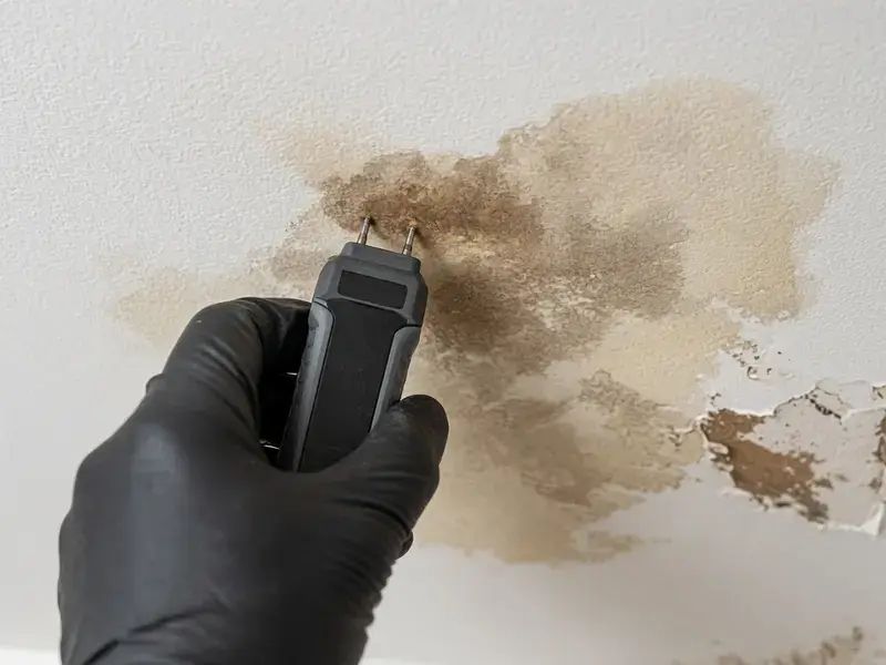 Moisture meter on a stained ceiling in Delta