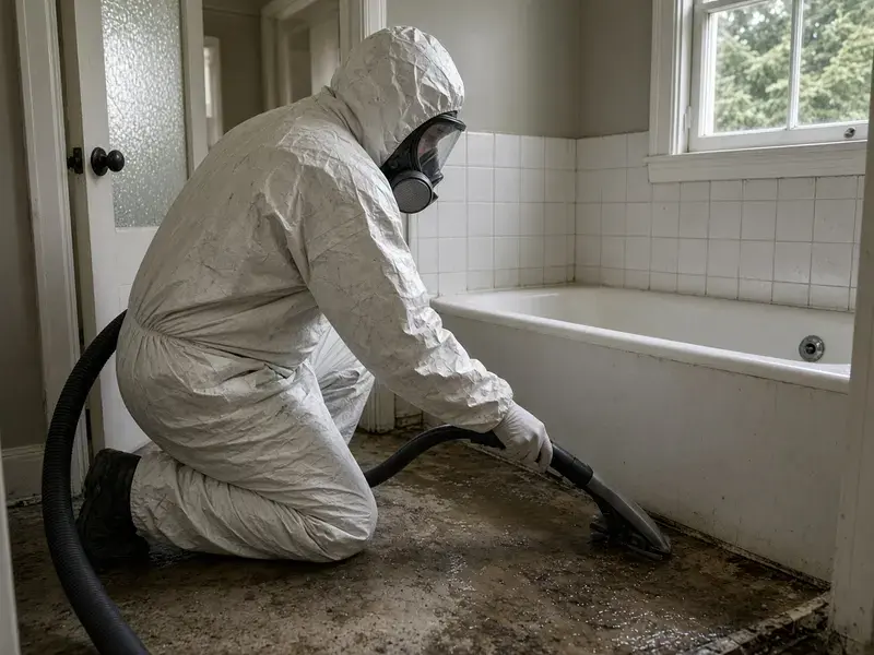 Technician in protective gear with a HEPA vacuum during sewage cleanup in Delta