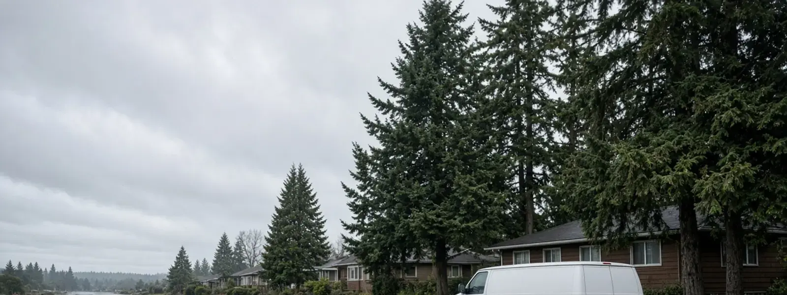 Unmarked van on a wet residential street in Delta under grey skies