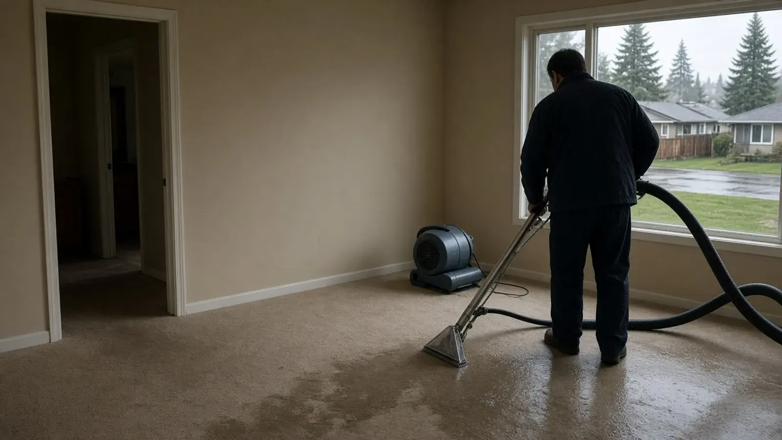 Technician extracting water from carpet in a Delta split-level, back turned, air mover nearby