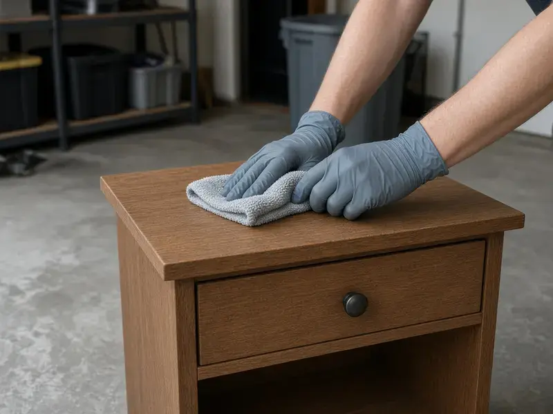 Wood furniture being wiped during contents cleaning in Delta