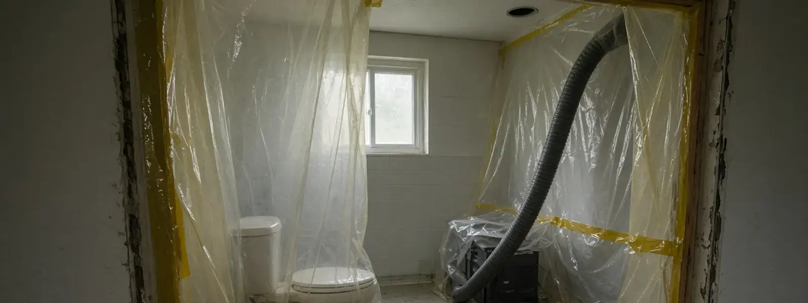 Plastic containment set around a sewage-affected bathroom in Delta