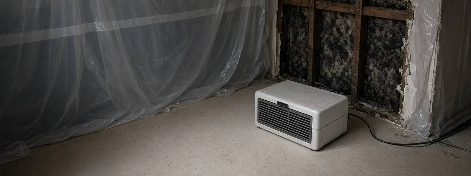 HEPA air scrubber inside mold containment in a Delta house