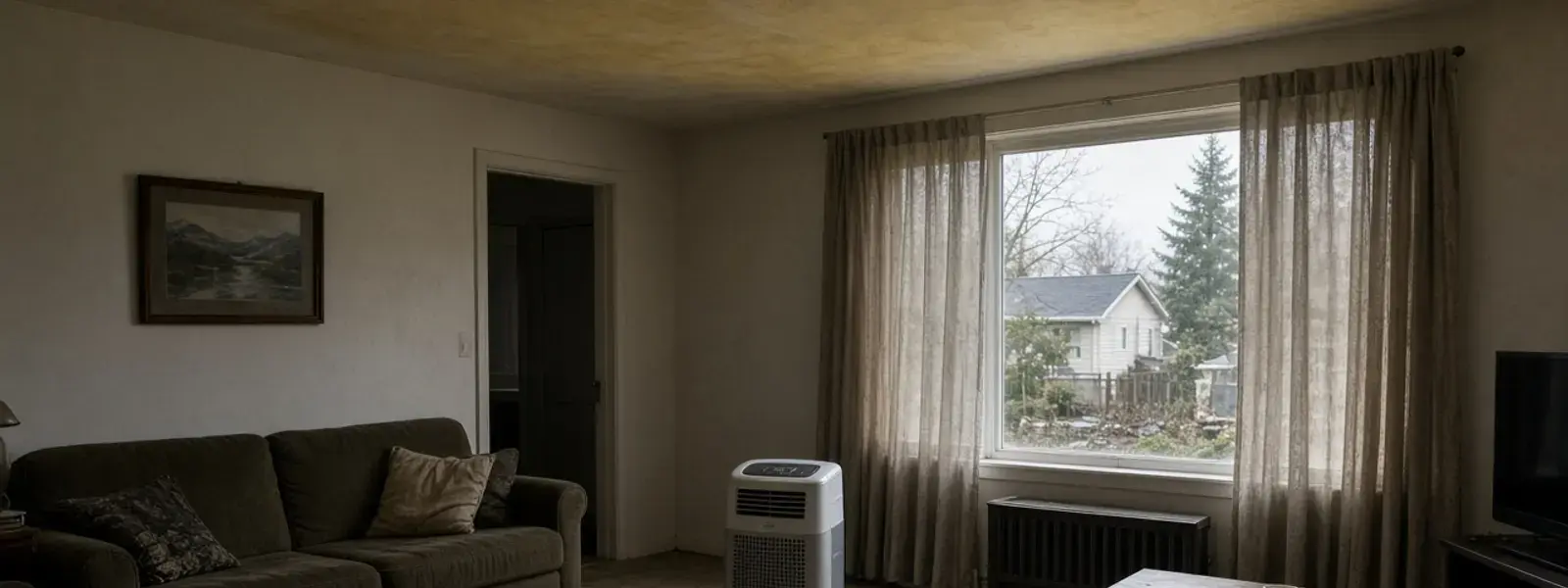 Air scrubber running in a smoke-stained Delta living room