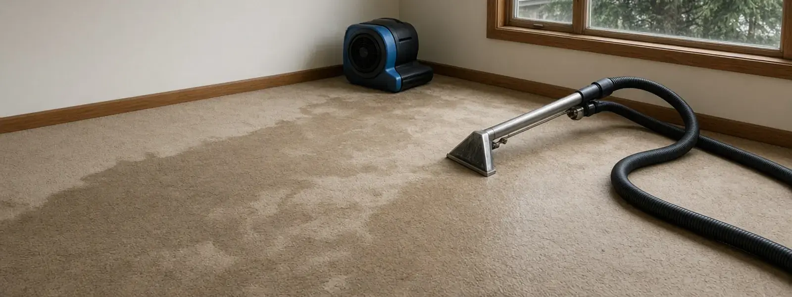 Extraction hose pulling water from carpet in a Delta living room