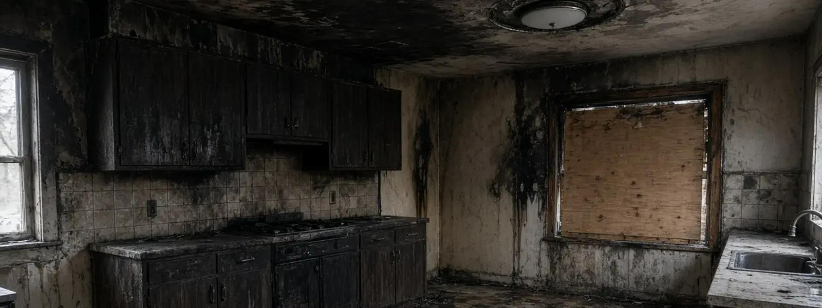 Soot-covered kitchen after a house fire in Delta