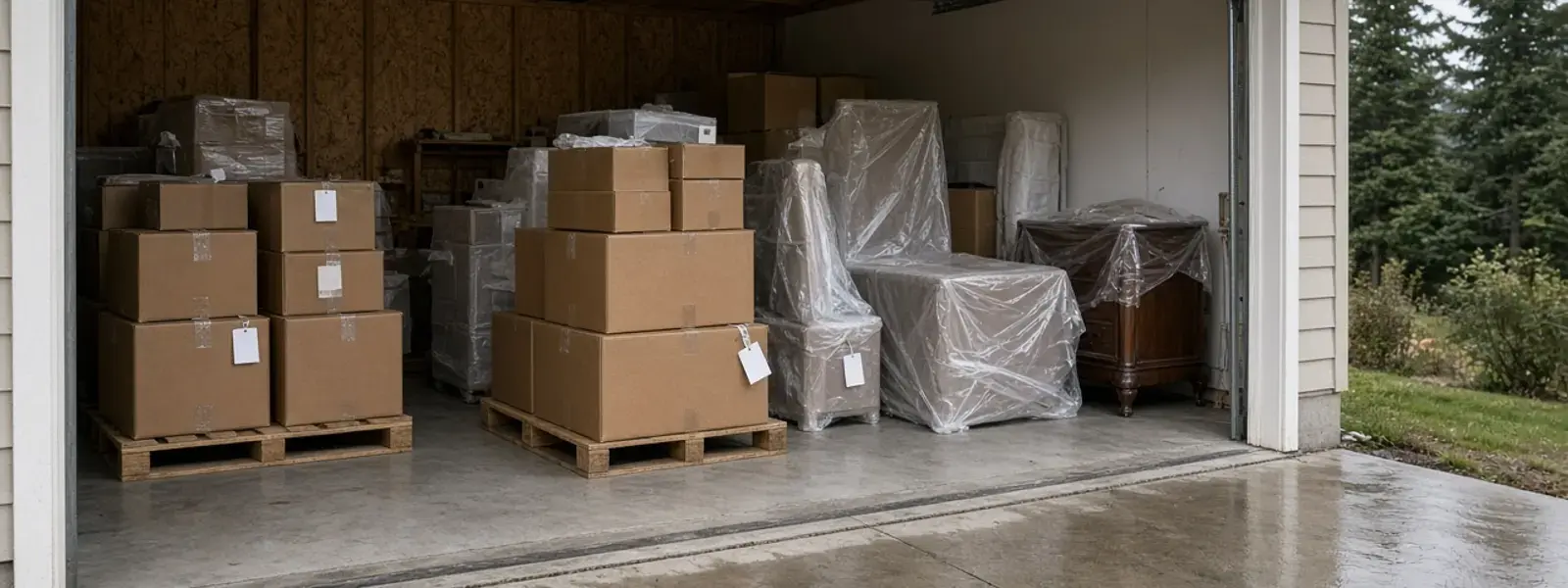 Tagged boxes staged for a contents pack-out in a Delta garage