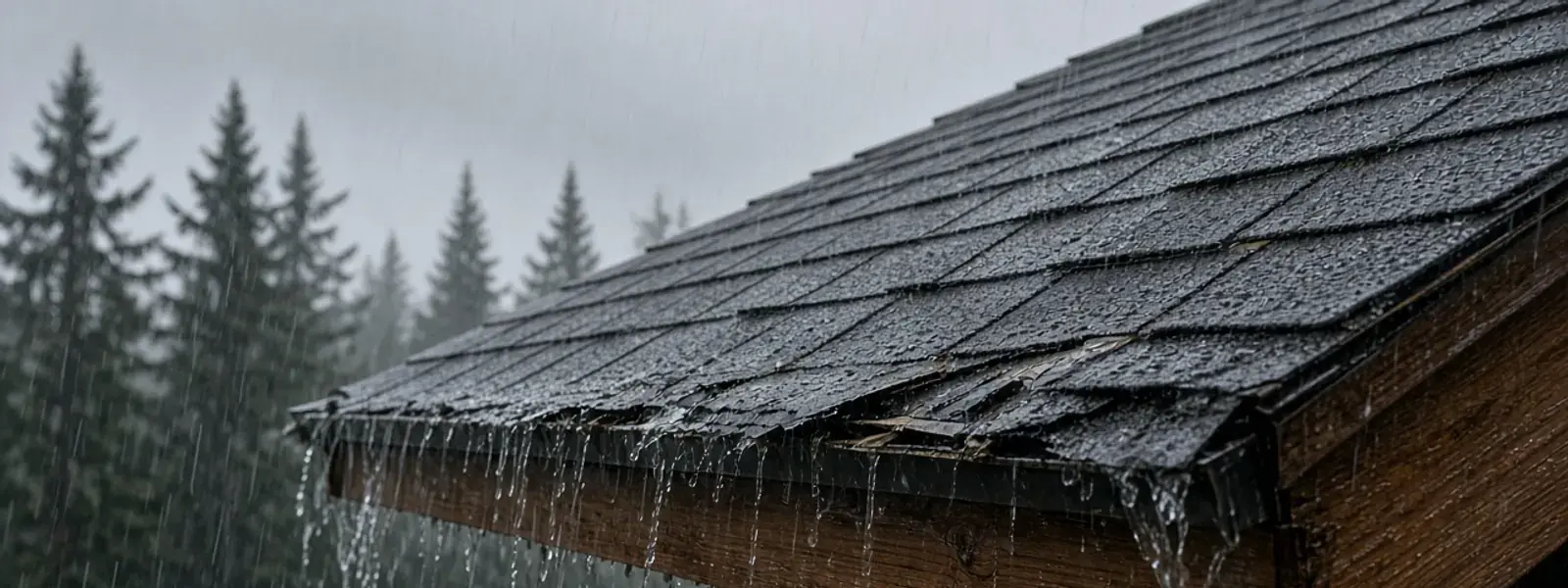 Wind-lifted roof edge in the rain on a Delta house